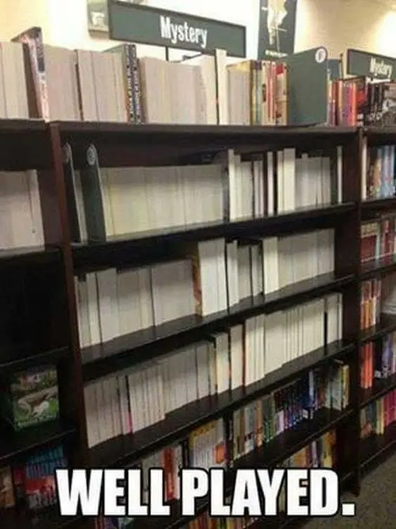 reader meme  - bookstore mystery section well played
