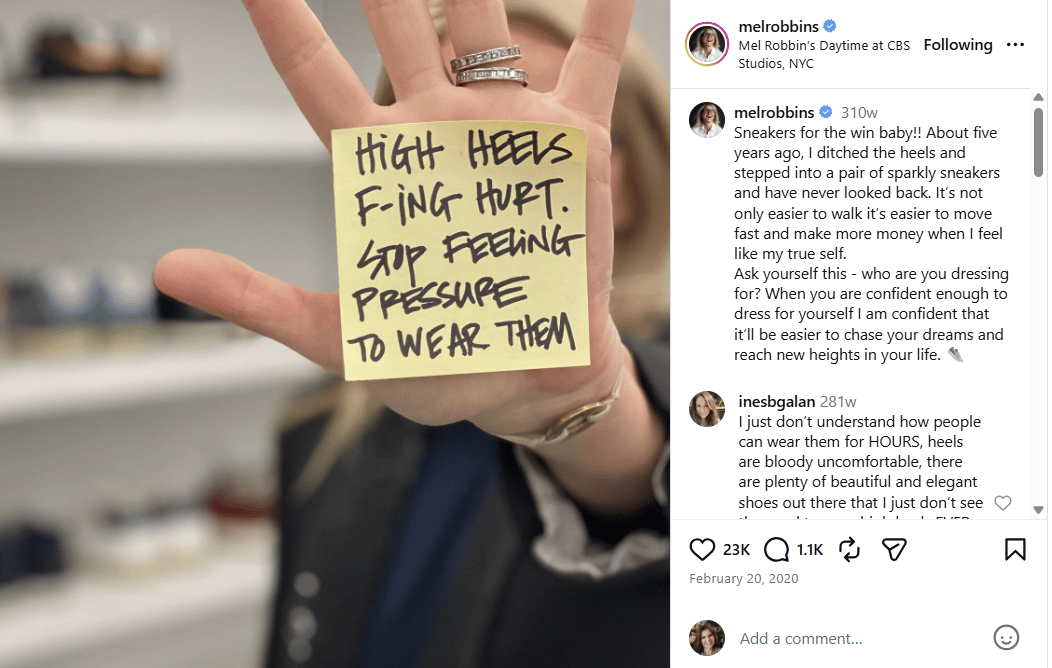 An Instagram post from Mel Robbins holding a sticky note reading “High heels f-ing hurt. Stop feeling pressure to wear them”