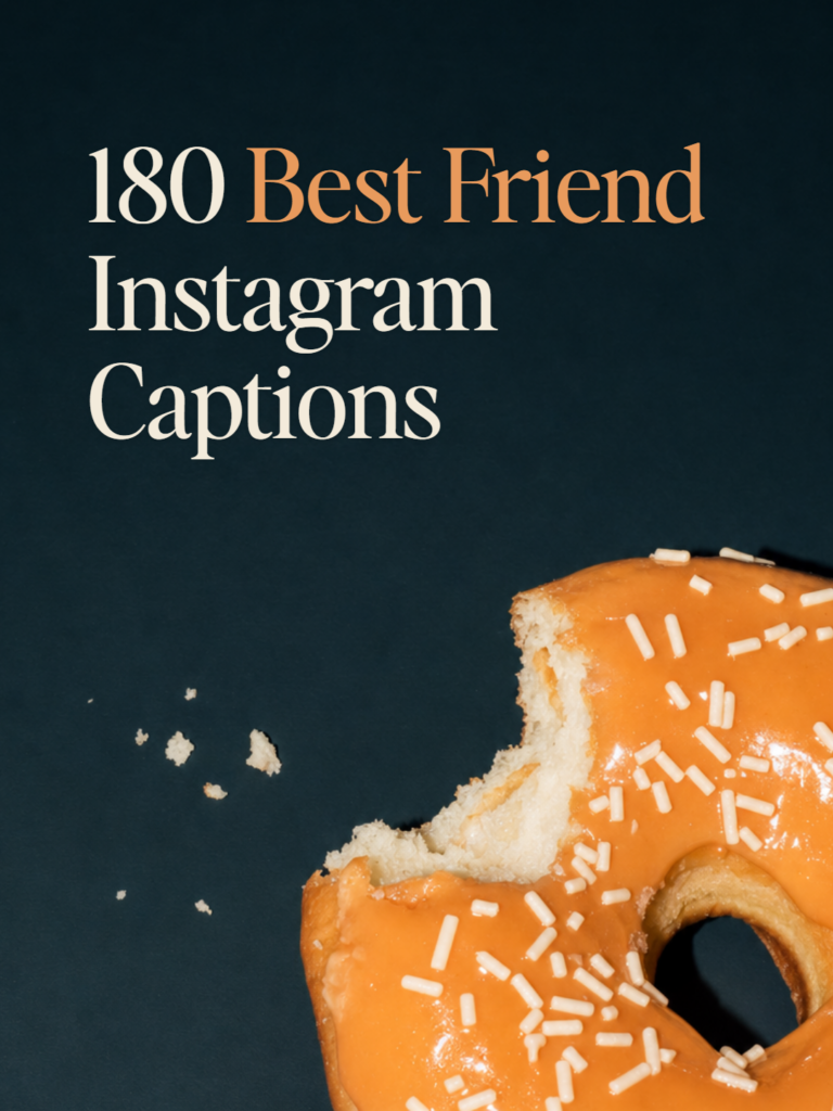 A sprinkled donut with a bite taken out of it on a midnight ink ground, beside the title 180 Best Friend Instagram Captions.