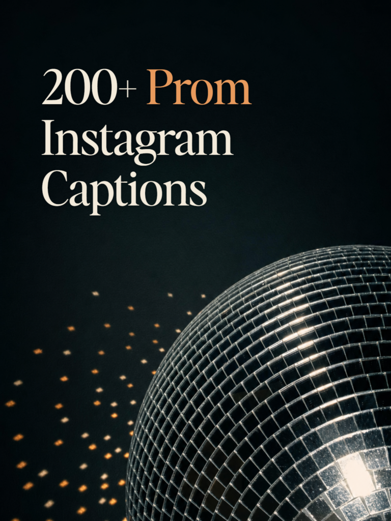 A silver mirror ball on a midnight ink ground throwing amber sparkles, beside the title 200+ Prom Instagram Captions.