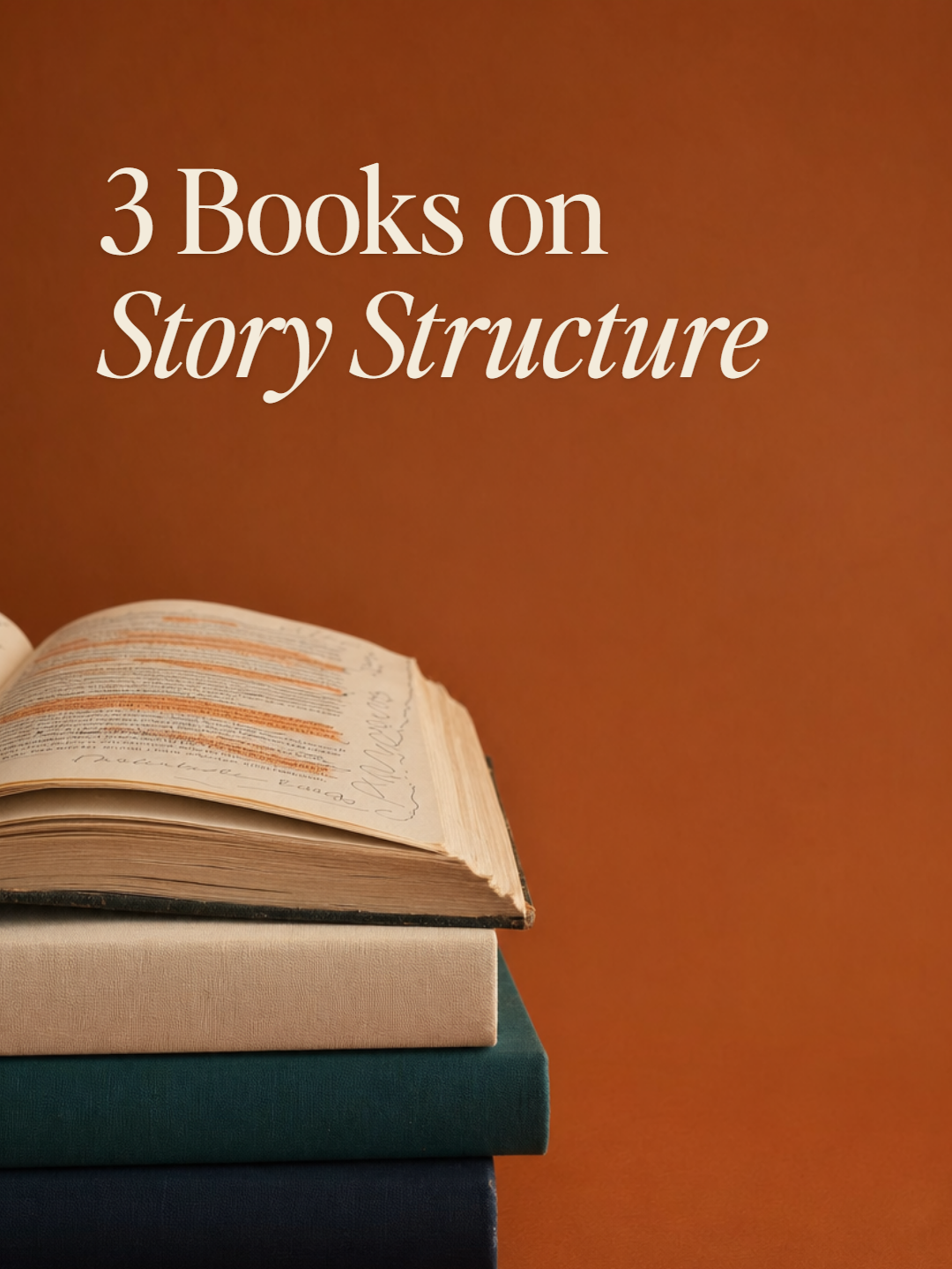 A stack of books with an annotated, highlighted open book on top, on a rust ground, beside the title 3 Books on Story Structure.