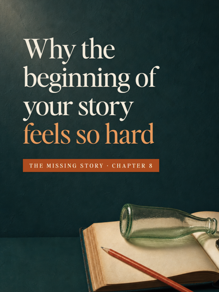 An open blank book on a deep teal table with a red pencil across one page and an old green glass soda bottle with its cap beside it on the other. The Missing Story, Chapter 8: Why the beginning of your story feels so hard