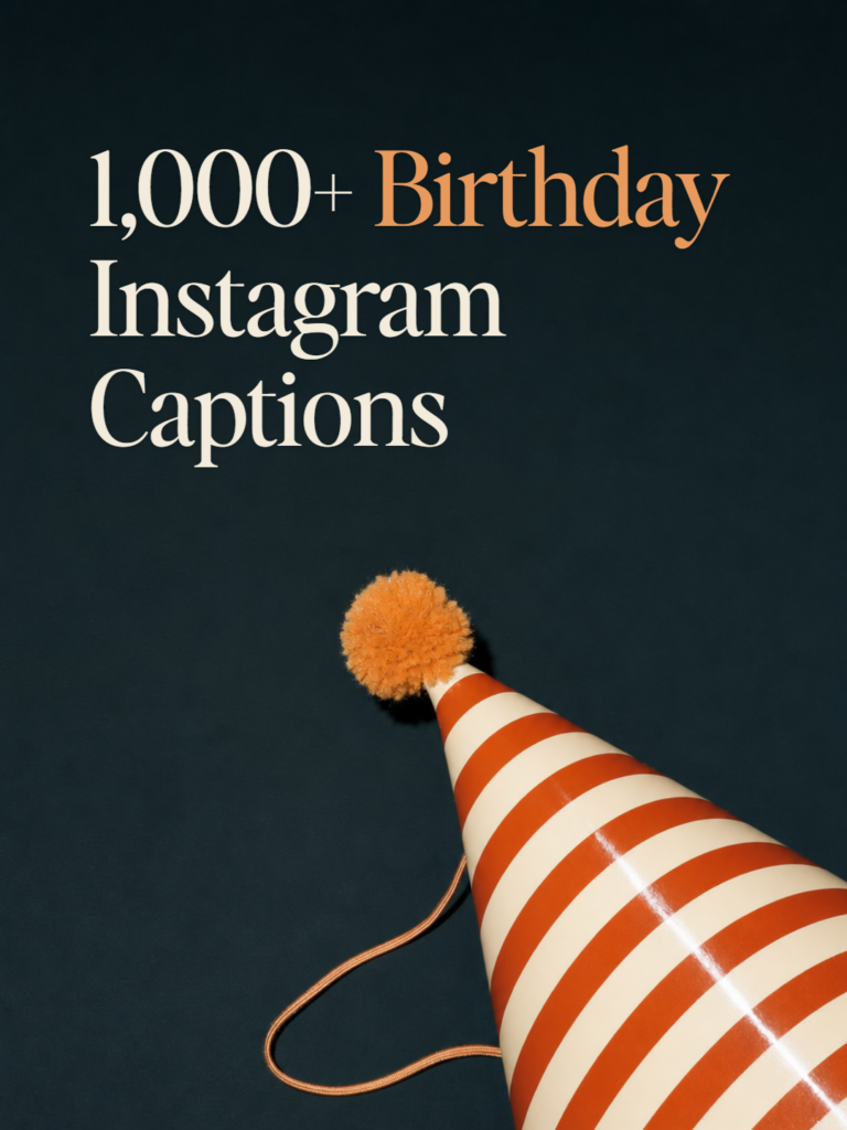 A striped party hat with an amber pom-pom on a midnight ink ground, beside the title 1,000+ Birthday Instagram Captions.