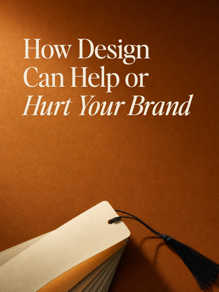 A promotional bookmark with a silk tassel resting on the edges of an open book, on a rust clay surface. Title: How Design Can Help or Hurt Your Brand.