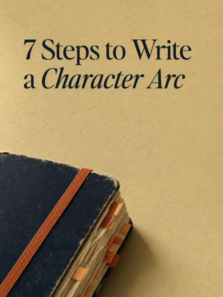 A battered writer's notebook with a rust elastic band and paper tabs on a plaster ground, beside the title 7 Steps to Write a Character Arc.