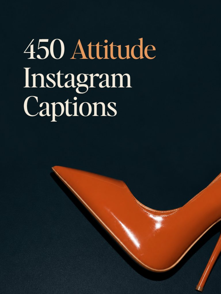 A glossy rust patent-leather stiletto on a midnight ink ground, beside the title 450 Attitude Instagram Captions.