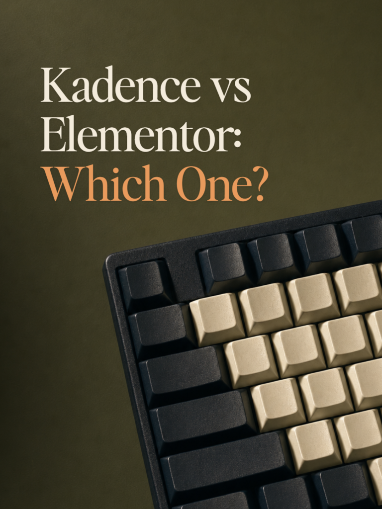 A worn black and cream keyboard on a deep olive ground, beside the title Kadence vs Elementor: Which One?