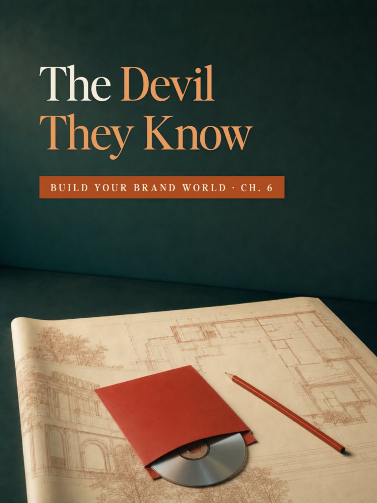 A red mailer with a disc sliding out on an architect's plan - Build Your Brand World, Chapter 6: The Devil They Know.