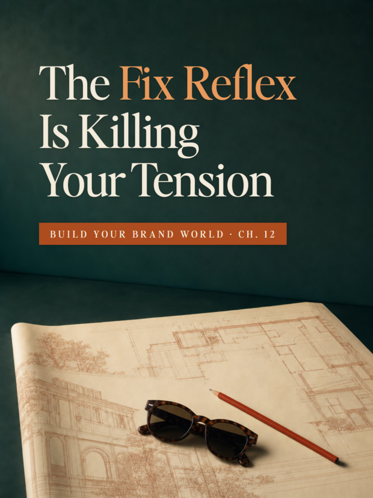 A pair of tortoiseshell sunglasses on an architect's plan - Build Your Brand World, Chapter 12: The Fix Reflex Is Killing Your Tension.