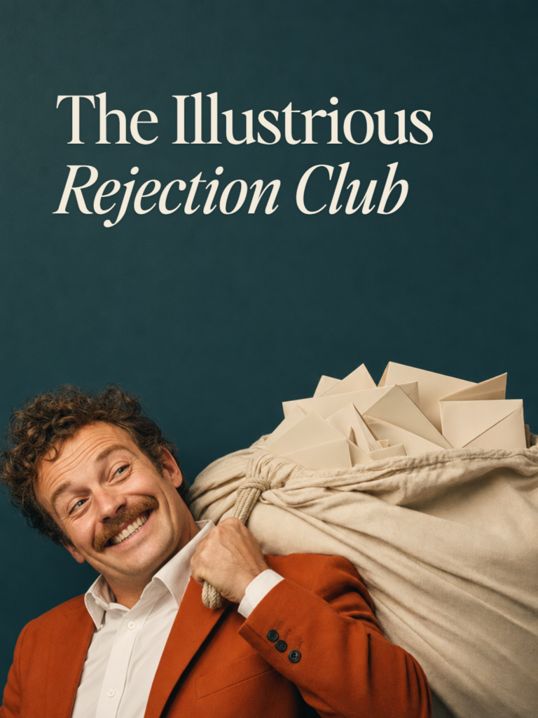 A grinning man in a rust jacket hauls an overstuffed canvas mail sack of envelopes onto his shoulder, on a deep teal wall. Title: The Illustrious Rejection Club.
