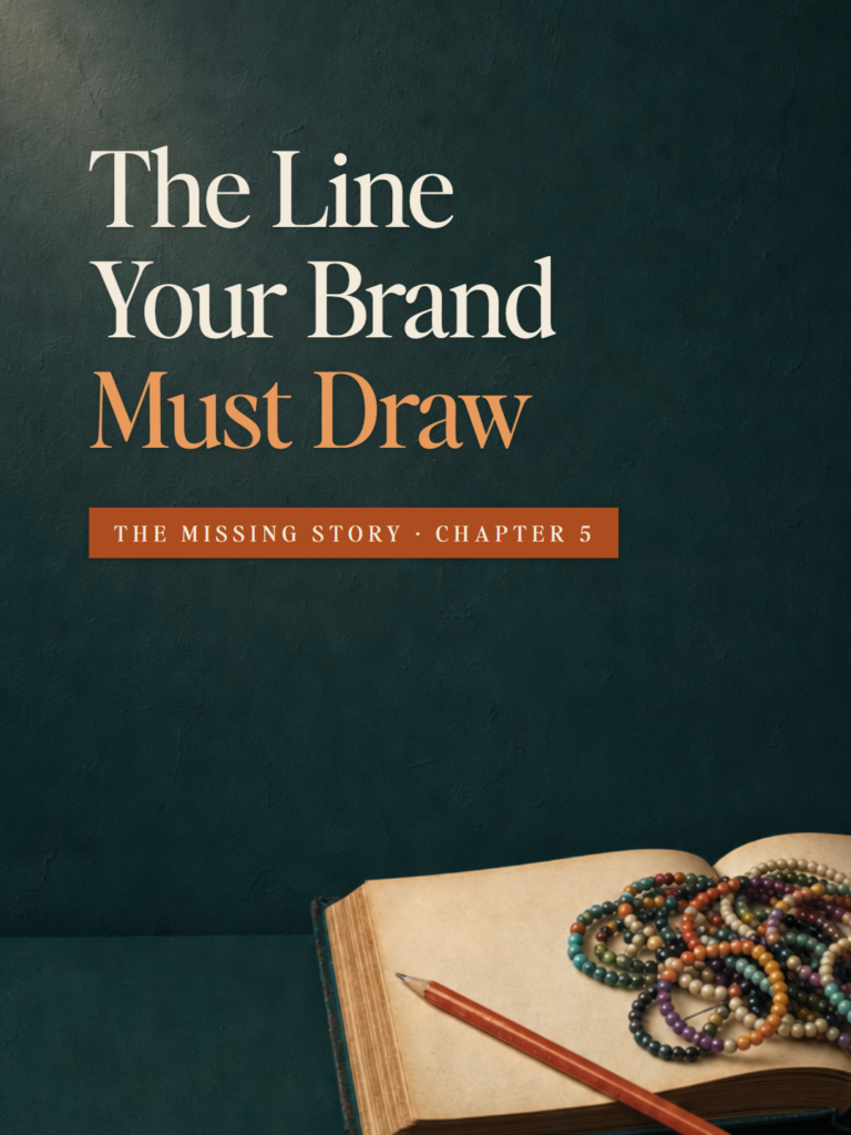 An open blank book on a deep teal table with a red pencil across one page and a tangle of beaded friendship bracelets on the other. The Missing Story, Chapter 5: The Line Your Brand Must Draw