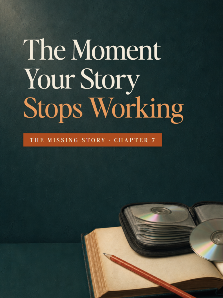 An open blank book on a deep teal table with a red pencil across one page and an open CD wallet full of discs on the other. The Missing Story, Chapter 7: The Moment Your Story Stops Working