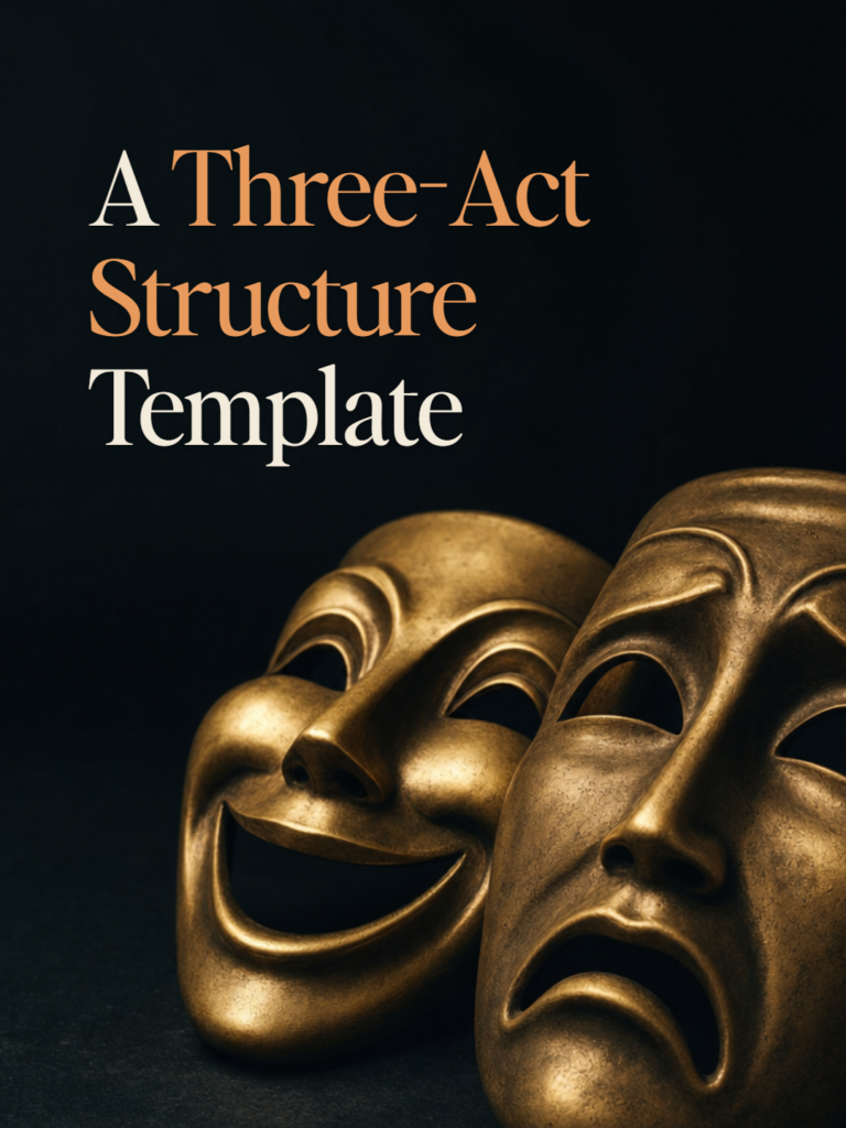 Gold comedy and tragedy theatre masks on a near-black surface — cover for A Three-Act Structure Template.