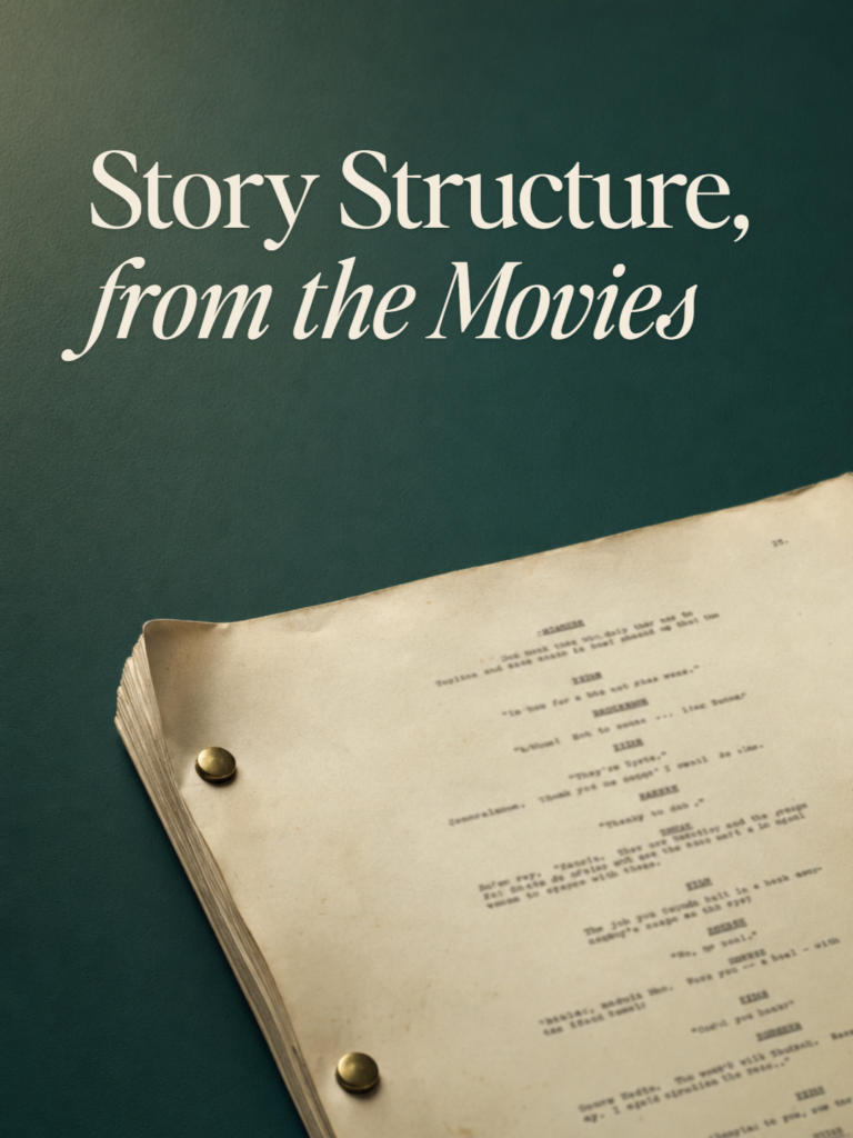 A well-thumbed screenplay bound with brass brads, lying open on a deep teal surface. Title: Story Structure, from the Movies.