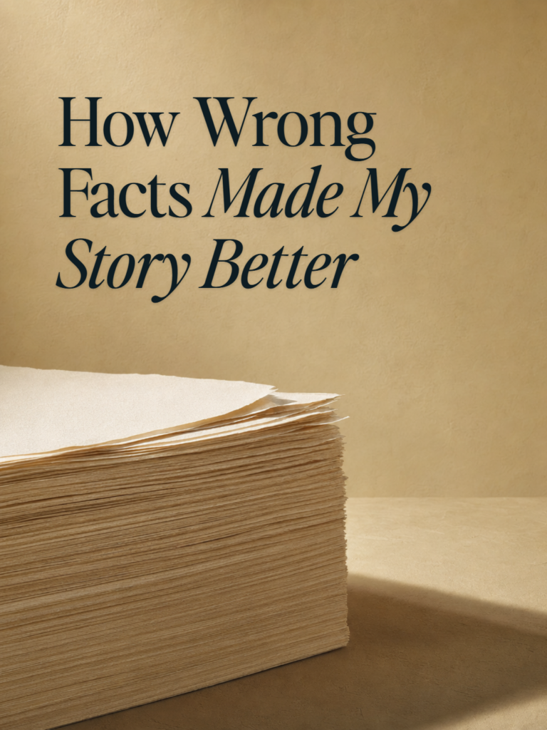 A towering stack of manuscript pages, its cut edges lit so each sheet shows, on warm parchment. Title: How Wrong Facts Made My Story Better.
