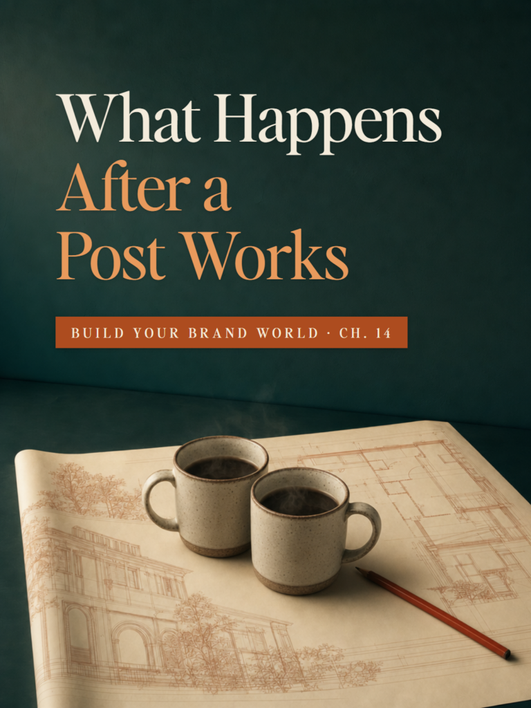 Two coffee mugs on an architect's plan - Build Your Brand World, Chapter 14: What Happens After a Post Works.