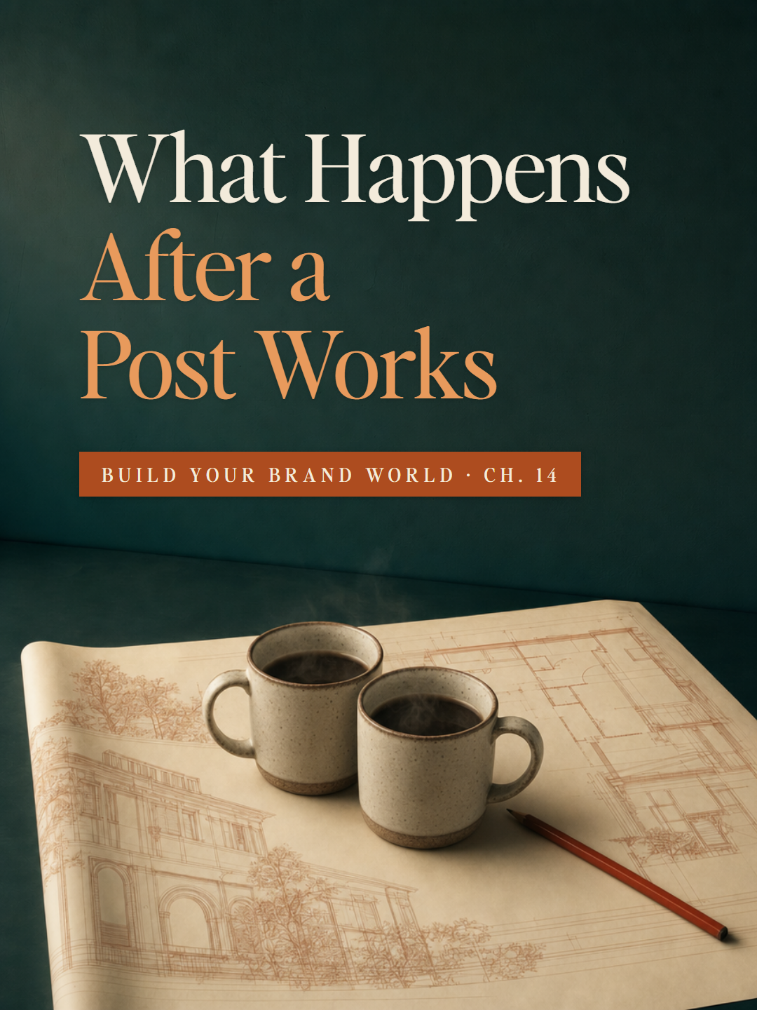 Two coffee mugs on an architect's plan - Build Your Brand World, Chapter 14: What Happens After a Post Works.