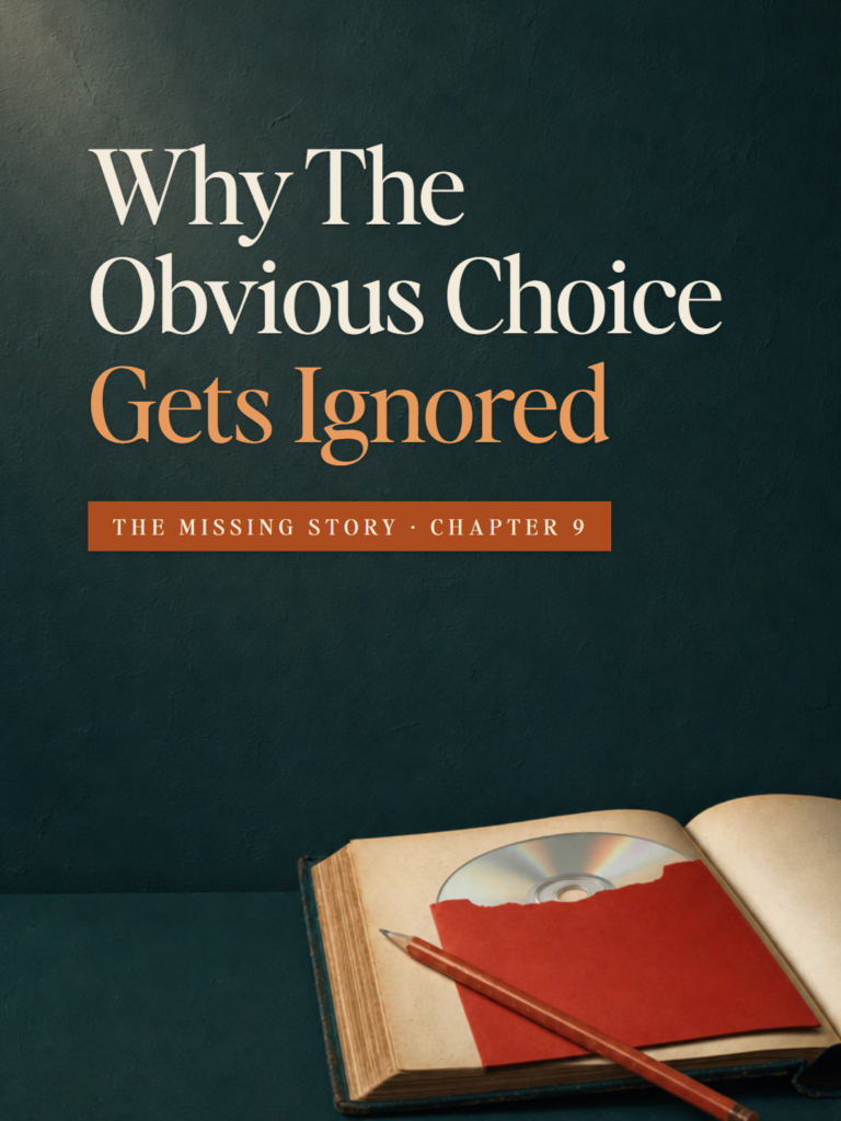 An open blank book on a deep teal table with a red pencil across one page and a red DVD mailing envelope with a disc sliding out on the other. The Missing Story, Chapter 9: Why The Obvious Choice Gets Ignored