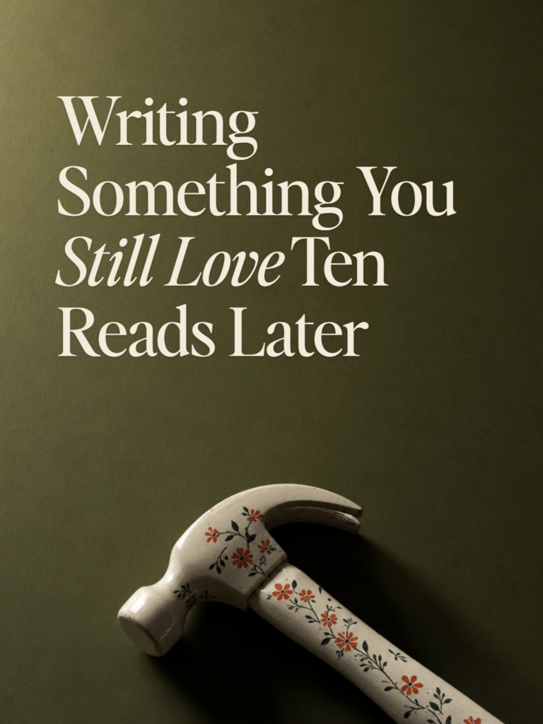 A small claw hammer painted white and decorated with tiny flowers, lying on a deep olive surface. Title: Writing Something You Still Love Ten Reads Later.