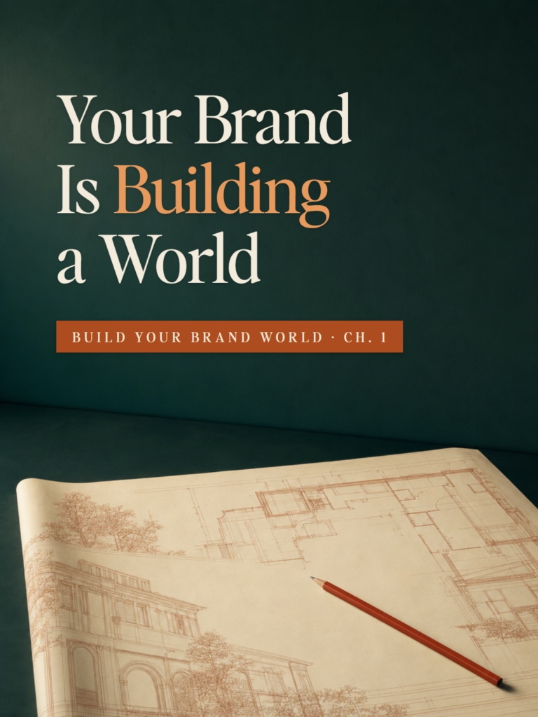 Deep teal cover with an architect's floor plan and red pencil - Build Your Brand World, Chapter 1: Your Brand Is Building a World.