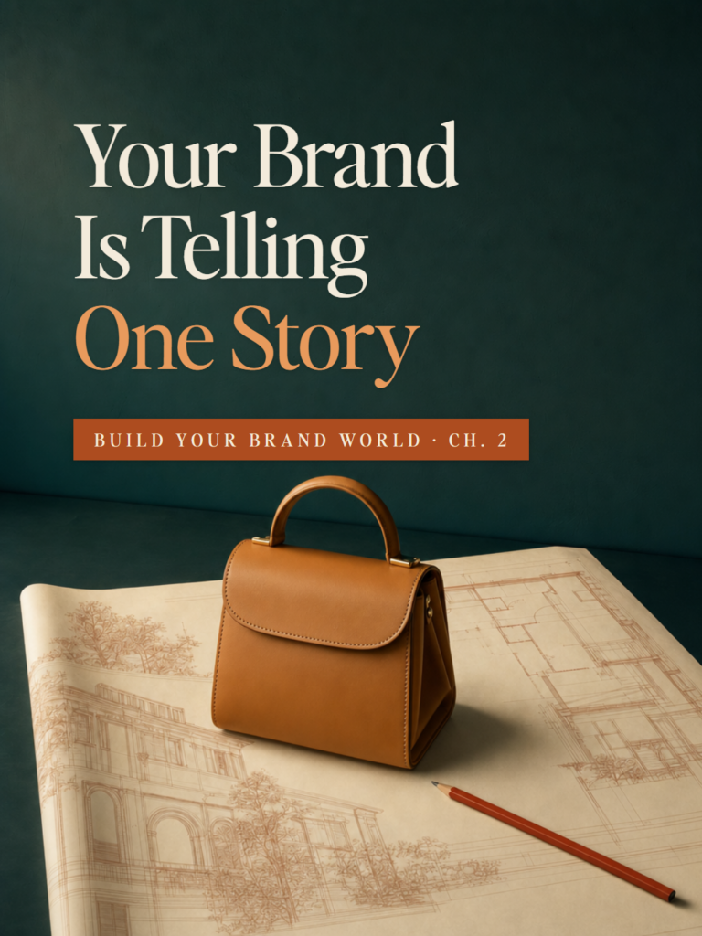 A tan leather handbag on an architect's plan, deep teal ground - Build Your Brand World, Chapter 2: Your Brand Is Telling One Story.