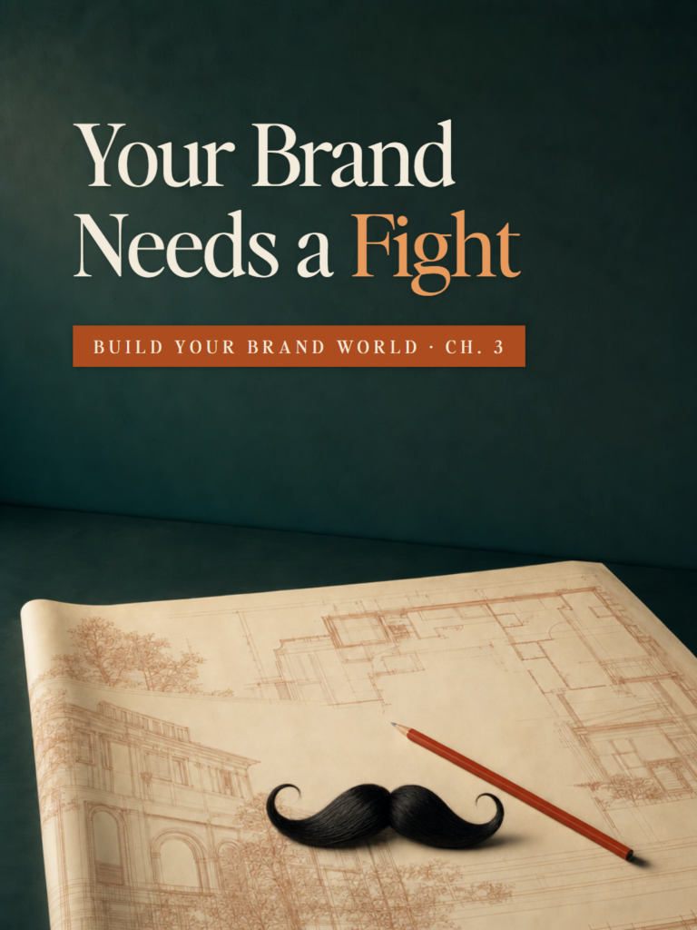 A black villain's handlebar mustache on an architect's plan - Build Your Brand World, Chapter 3: Your Brand Needs a Fight.