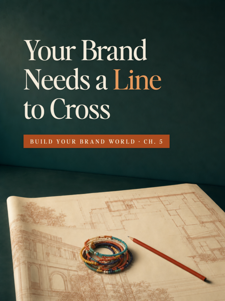 A stack of beaded bracelets on an architect's plan - Build Your Brand World, Chapter 5: Your Brand Needs a Line to Cross.