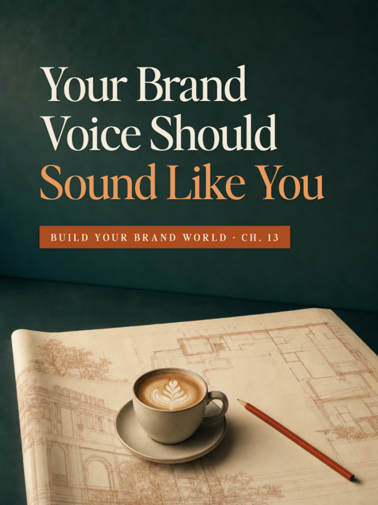 A latte with leaf art on an architect's plan - Build Your Brand World, Chapter 13: Your Brand Voice Should Sound Like You.