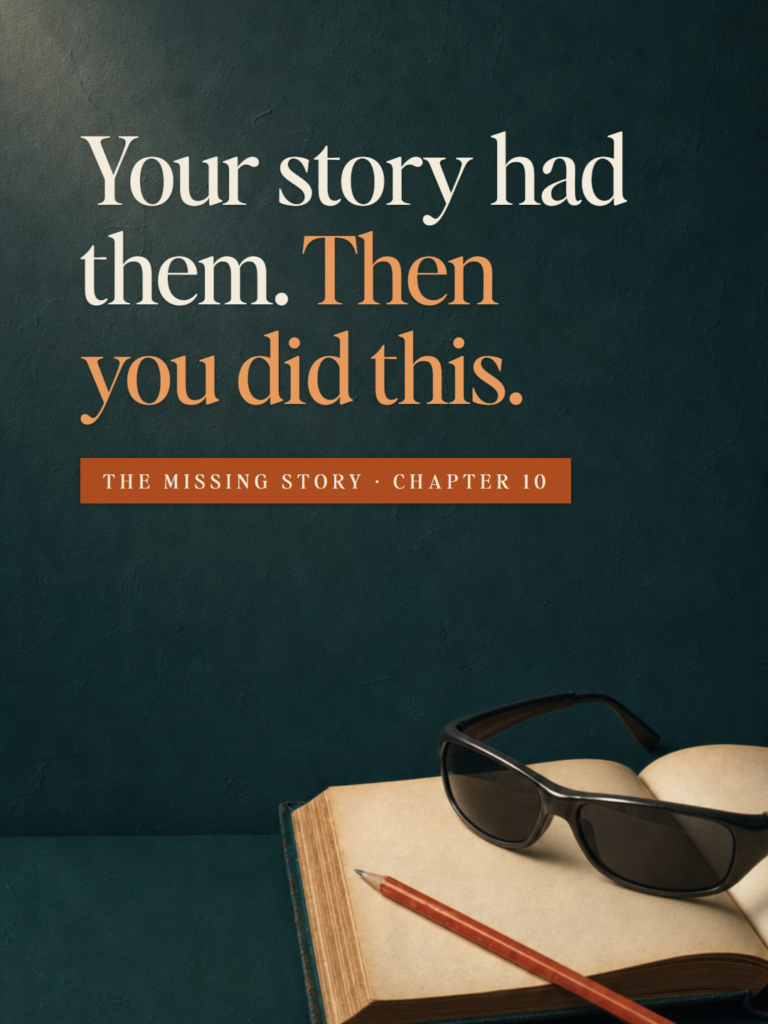 An open blank book on a deep teal table with a red pencil across one page and a pair of 1990s sunglasses, just taken off on the other. The Missing Story, Chapter 10: Your story had them. Then you did this.