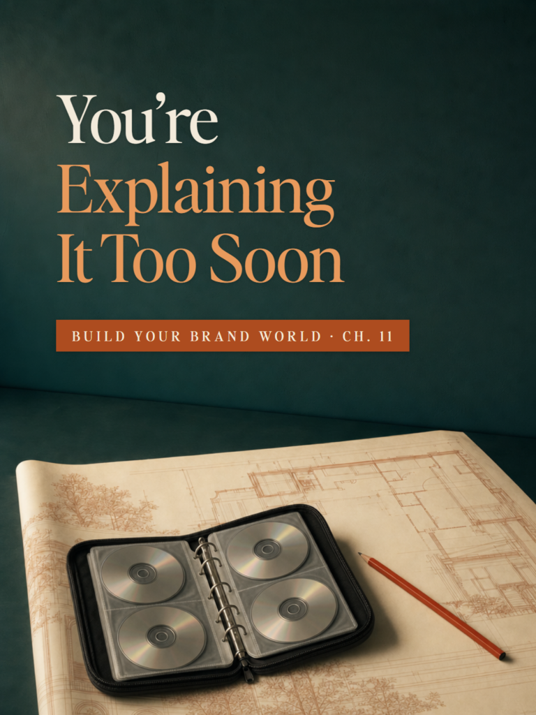 An open CD wallet of discs on an architect's plan - Build Your Brand World, Chapter 11: You're Explaining It Too Soon.