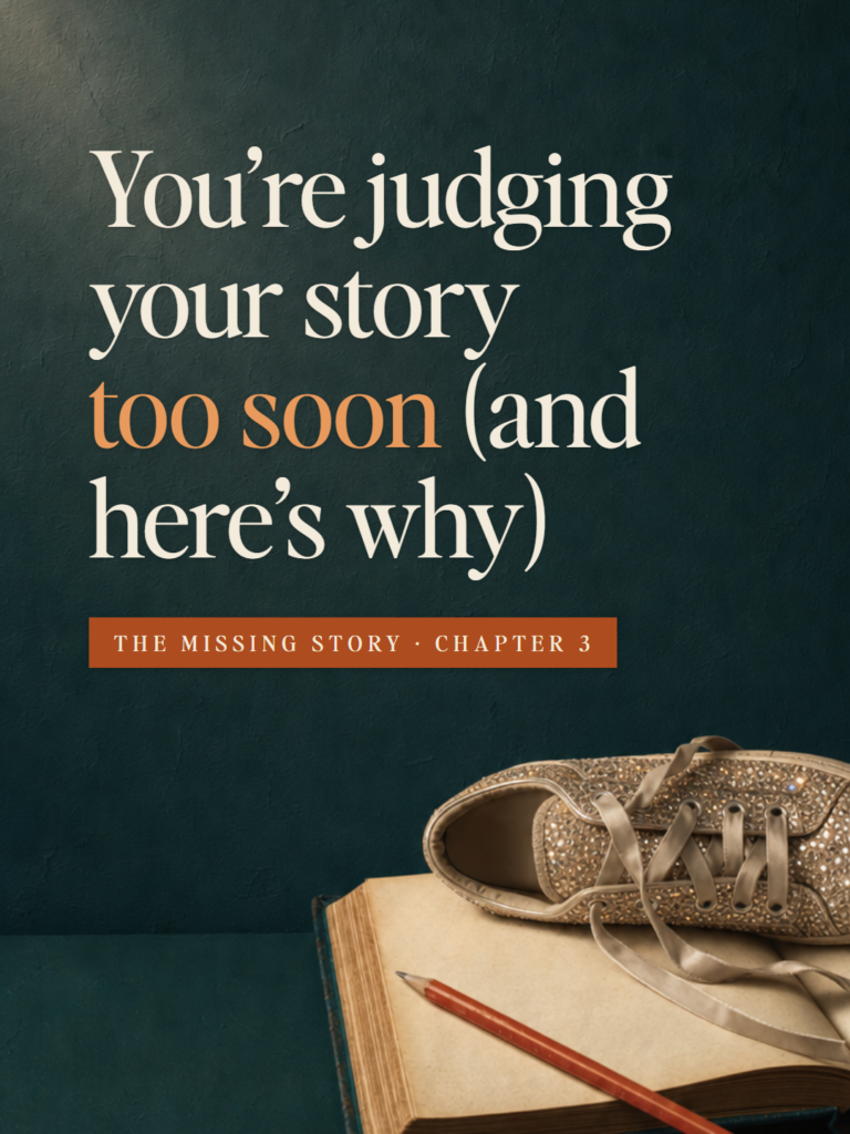 An open blank book on a deep teal table with a red pencil across one page and a sparkly studded sneaker lying on its side on the other. The Missing Story, Chapter 3: You're judging your story too soon (and here's why)